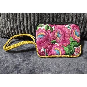 PRETTY Spirit of Nature Wristlet Bag Embroidered Flowers Woven Design & Trim VgC